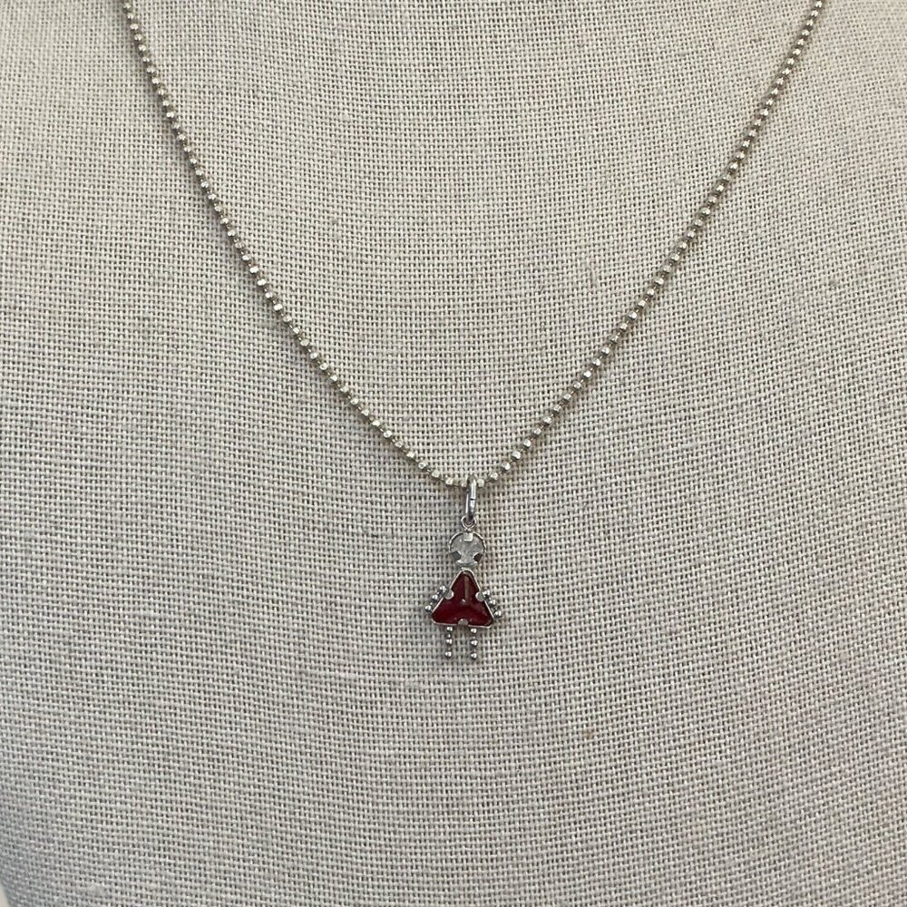 Sterling Silver 925 Beaded Necklace With Red Birthstone Pendant Made In Italy 17